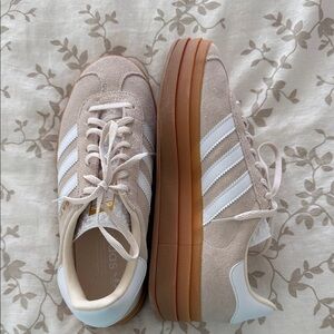 adidas Women's Gazelle Beige Suede Platform Sneakers with White Stripes